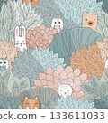 Doodle Autumn hand drawn forest seamless pattern. Fairy Fall floral background with cartoon trees and animals. Vector illustration. 133611033
