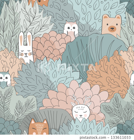 Doodle Autumn hand drawn forest seamless pattern. Fairy Fall floral background with cartoon trees and animals. Vector illustration. Doodle Autumn hand drawn forest seamless pattern. Fairy Fall floral background with cartoon trees and animals. Vector illustration. 133611033