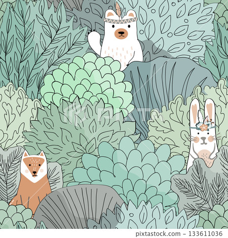 Doodle Autumn hand drawn forest seamless pattern. Fairy Fall floral background with cartoon trees and animals. Vector illustration 133611036