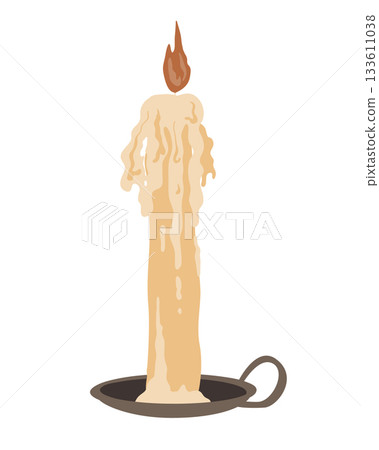 Burning candle in holder, hand drawn flat vector illustration isolated on white background. Retro vintage candle. Concepts of Christmas, romance, relaxation. Burning candle in holder, hand drawn flat vector illustration isolated on white background. Retro vintage candle. Concepts of Christmas, romance, relaxation. 133611038