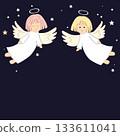 Christmas frame border with cute angels. Xmas holiday background. Vector isolated illustration. 133611041