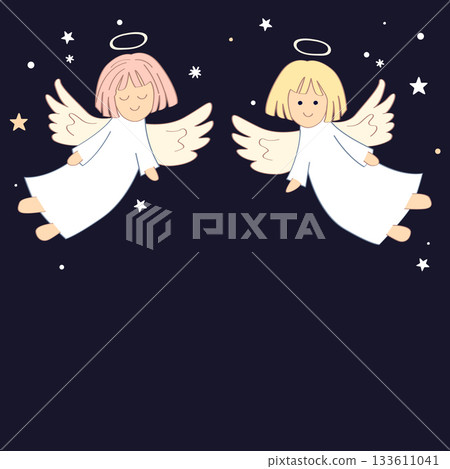 Christmas frame border with cute angels. Xmas holiday background. Vector isolated illustration. 133611041