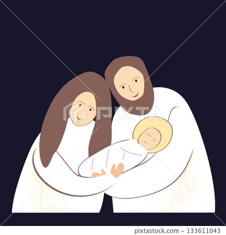 Christmas nativity scene of baby Jesus, Mary and Joseph. Hand drawn stylized bible illustration clipart isolated. Cartoon vector illustration in Scandinavian style. 133611043
