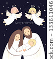 Christmas nativity scene of baby Jesus, Mary and Joseph, and happy angels. Hand drawn stylized bible illustration clipart isolated. Cartoon vector illustration in Scandinavian style 133611046