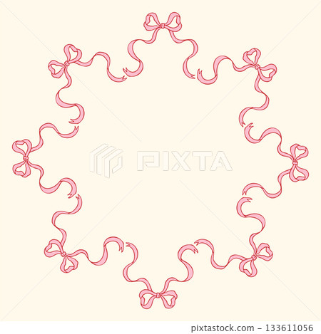 Vector illustration of a circular frame made of hand-drawn pink bows. Delicate and feminine decorative border perfect for invitations, cards, packaging, branding, and elegant design projects 133611056