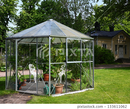 a small glass greenhouse filled with potted green plants a small glass greenhouse filled with potted green plants 133611062