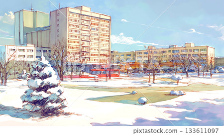 Illustration of a city square and avenue surrounded by blue winter skies and snow. A tranquil scene where architecture and nature are in harmony. 133611097