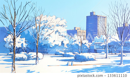 A quiet park landscape illustration with a snowy landscape. A hand-drawn watercolor landscape with a winter sky, trees, and buildings. 133611110