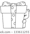 White Bear Hugging A Green Gift Box - Outline 133611255