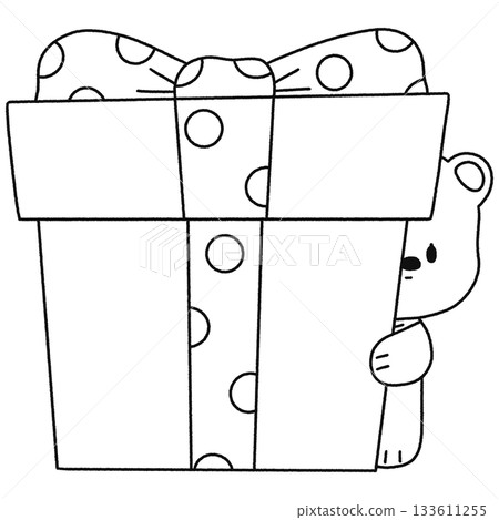 White Bear Hugging A Green Gift Box - Outline 133611255