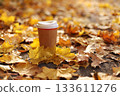 Eco zero waste paper cup take away with hot drink, coffee or tea outdoors in the sunny autumn park. Falling colorful leaves on background. Concept of seasonal warm drinks to go in cold weather. 133611276