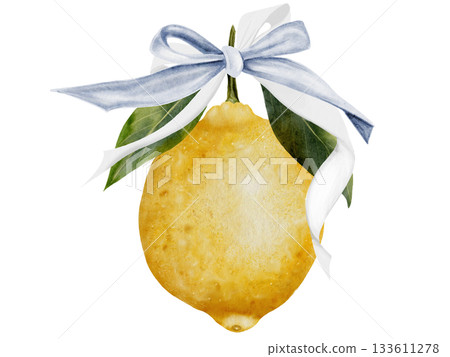 Lemon with ribbon bow watercolor. Hand drawn tropical sour fruit. Clip art of juicy yellow lime. Citrus on isolated white background. Ideal for logo and packaging of natural cosmetics, household 133611278