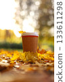 Eco zero waste paper cup take away with hot drink, coffee or tea outdoors in the sunny autumn park. Falling colorful leaves on background. Concept of seasonal warm drinks to go in cold weather. 133611298