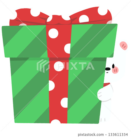 White Bear Hugging A Green Gift Box - No Line 133611334