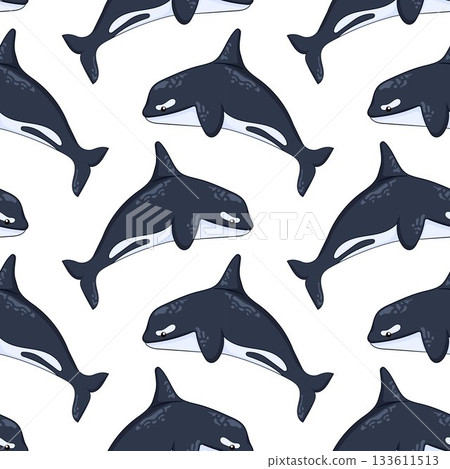 Killer whale seamless pattern in cartoon style. Undersea animal design for summer print on a white background. Killer whale seamless pattern in cartoon style. Undersea animal design for summer print on a white background. 133611513