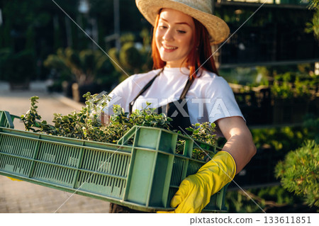 Under the sunlight, holding plants. Young redhead woman is taking care of garden Under the sunlight, holding plants. Young redhead woman is taking care of garden 133611851
