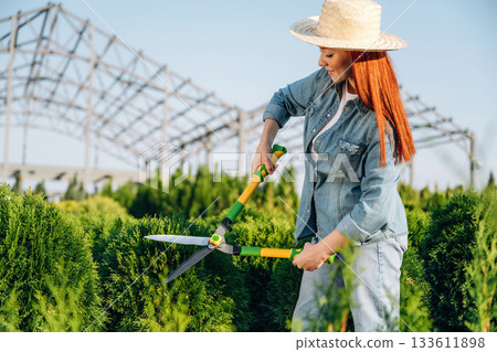 Cutting the bush with scissors. Young redhead woman is taking care of garden 133611898