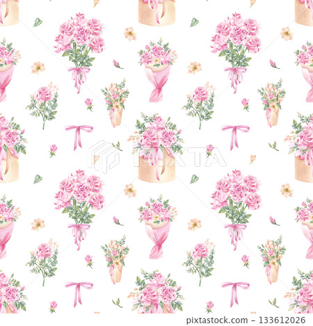 Floral seamless pattern. Flower bouquet, round gift box with ribbon, roses in wrapping paper, pink bow. Watercolor festive spring blossom composition. Isolated illustration, women's holiday, wedding 133612026