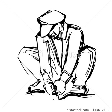 Vector drawing. A gardener weeding a garden Vector drawing. A gardener weeding a garden 133612109