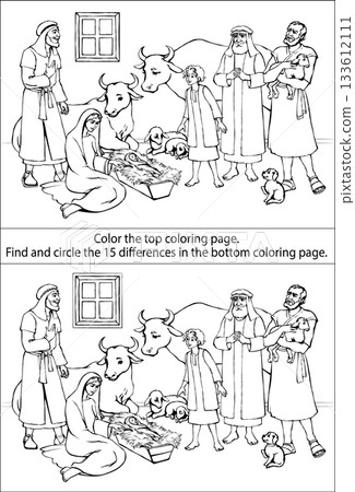 Vector coloring page. The shepherds come to the newborn Jesus. 133612111