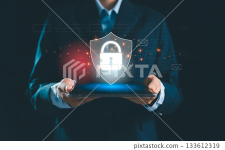 Businesswoman stands before virtual security system, futuristic technology like biometric fingerprint scanner, password, key access to guard sensitive data-illustrating concept of digital protection. Businesswoman stands before virtual security system, futuristic technology like biometric fingerprint scanner, password, key access to guard sensitive data-illustrating concept of digital protection. 133612319