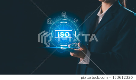 Businesswoman interact global interface display document icon, concept of ISO certification quality management, standard compliance, auditing, enterprise quality policies assurance across business. Businesswoman interact global interface display document icon, concept of ISO certification quality management, standard compliance, auditing, enterprise quality policies assurance across business. 133612320
