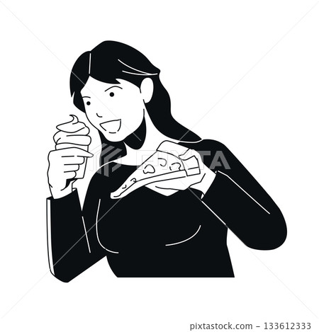 Pizza and Ice Cream - Black and White Flat Design Illustration Pizza and Ice Cream - Black and White Flat Design Illustration 133612333