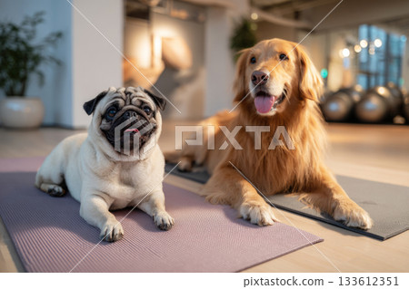 A pug and a golden retriever sit on their respective mats in a contemporary indoor fitness area designed for canine training and rehabilitation. The setting promotes healthy interaction 133612351