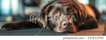 A relaxed Labrador lies on a mat in a fitness area after a training session. With a calm expression, the dog enjoys a peaceful moment amidst workout equipment and natural light, banner 133612354