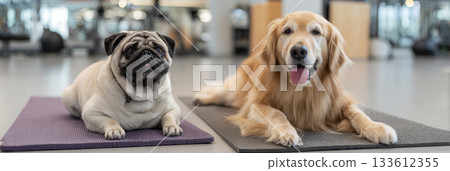 In a bright and spacious fitness center, a pug and a golden retriever relax on separate mats, showcasing their companionship during a wellness and training session, banner 133612355