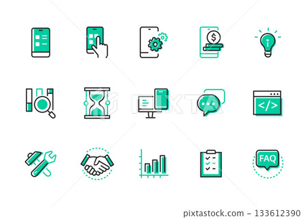 Mobile app development - set of line design style icons Mobile app development - set of line design style icons 133612390