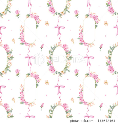 Floral wreath seamless pattern with rose, freesia flower in delicate pastel color, connected with ribbon and pink bow. Watercolor spring frame, template with blossom. Isolated illustration, packaging Floral wreath seamless pattern with rose, freesia flower in delicate pastel color, connected with ribbon and pink bow. Watercolor spring frame, template with blossom. Isolated illustration, packaging 133612463