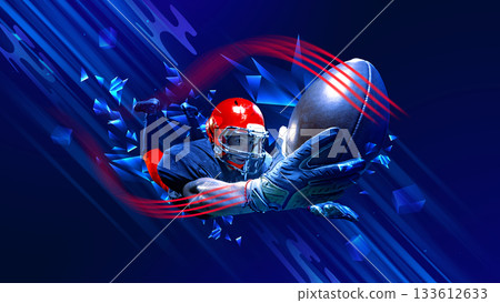 High-impact sports poster of American football player diving for ball. 133612633
