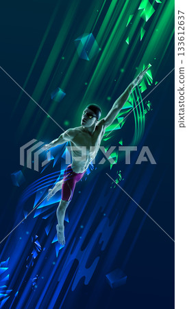 Futuristic sports artwork of male swimmer stretching forward in neon flow. Futuristic sports artwork of male swimmer stretching forward in neon flow. 133612637