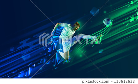 Futuristic sports poster of male footballer kicking ball in green blue streaks. 133612638