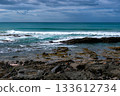 View of surf crashing against the rocks. 133612734
