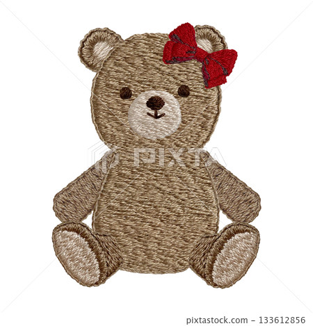 [Ribbon Teddy Bear] Hand-embroidered illustration material 133612856