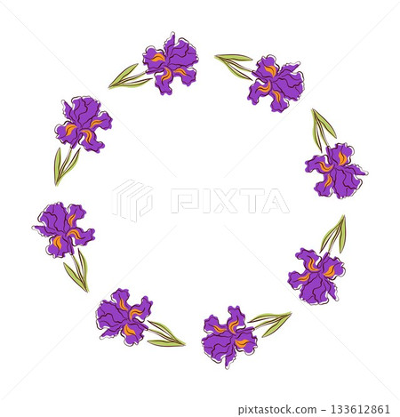 Iris flower wreath in flat style. Colorful hand drawn floral design for nature greeting card, home decor and spring art. Iris flower wreath in flat style. Colorful hand drawn floral design for nature greeting card, home decor and spring art. 133612861