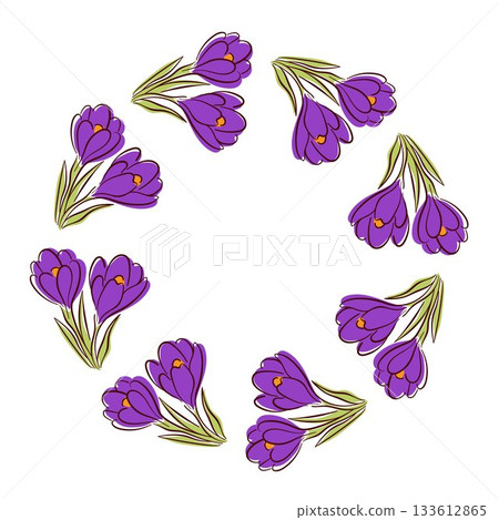 Wreath with crocus flower with green leaves in flat style. Colorful floral frame for spring design, greeting card and nature theme isolated on white background. 133612865