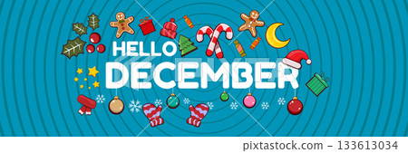 Hello December banner design template with santa hat, christmas tree, candy, hat, mittens, stars, gifts, balls, moon, gingerbread man, cookies. Hello December blue sticker on blue abstract background 133613034