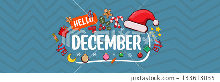 Hello December banner design template with santa hat, christmas tree, candy, hat, mittens, stars, gifts, balls, moon, gingerbread man, cookies. Hello December blue sticker on blue abstract background 133613035