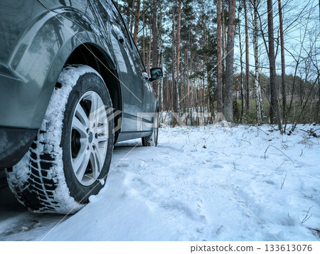 Car tires in the snow close-up. Winter tires as the basis of travel safety in the winter season 133613076