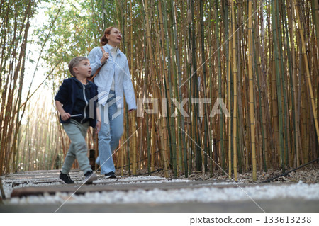 Mother and son exploring a bamboo forest path Mother and son exploring a bamboo forest path 133613238