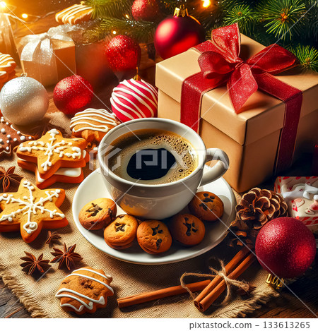 aromatic cup of coffee on background of gingerbread cookies gifts vanilla fir branches and decorations Holiday Season Christmas time 133613265