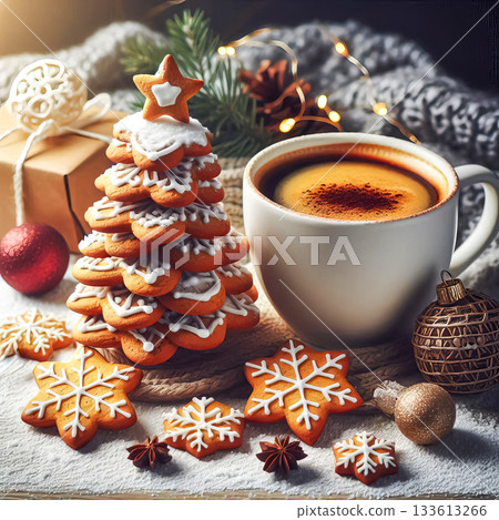 aromatic cup of coffee on background of gingerbread cookies gifts vanilla fir branches and decorations Holiday Season Christmas time 133613266