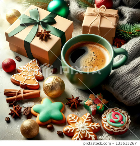 aromatic cup of coffee on background of gingerbread cookies gifts vanilla fir branches and decorations Holiday Season Christmas time 133613267
