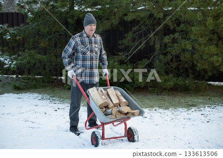 Man with firewood in wheelbarrow and snowy backyard. Winter firewood routine preparing and lighting wood stove. Energy crisis and season concept. Man with firewood in wheelbarrow and snowy backyard. Winter firewood routine preparing and lighting wood stove. Energy crisis and season concept. 133613506
