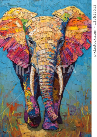 Colorful elephant oil painting art / Vivid animal illustration drawn with impasto texture 133613512