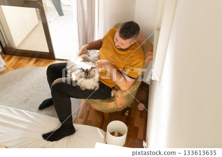 Man petting fluffy cat enjoying home comfort Man petting fluffy cat enjoying home comfort 133613635
