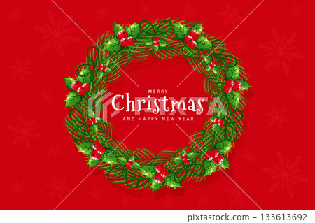 Merry Christmas Holiday Wreath Frame Vector Red Background New Year Greeting Card. Merry Christmas Holiday Wreath Frame Vector Red Background New Year Greeting Card. 133613692